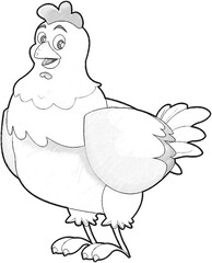 sketch cartoon scene with happy farm chicken hen illustration for children