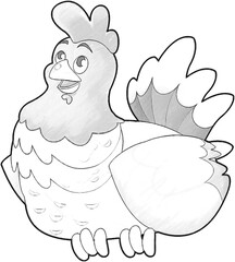 sketch cartoon scene with happy farm chicken hen illustration for children