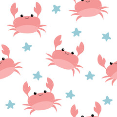 Seamless marine pattern with hand drawn crab. Sea life vector illustration. Vector colorful childish seamless repeat simple flat pattern with crab and starfish on white background.