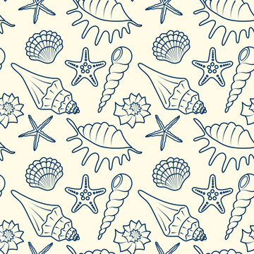 Seamless pattern from the outline of blue seashells on a yellow background. Summer sea background for printing on fabric, covers, brochures