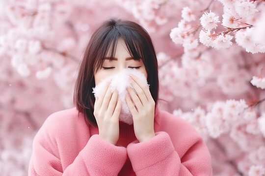 A woman in a pink sweater blowing her nose created with Generative AI technology