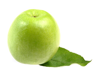 fresh green apple with green leaf on white