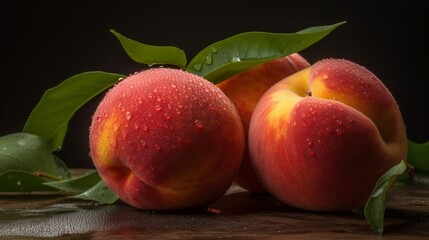 Fototapeta na wymiar Peaches on a black background. Sweet and juicy peach slices with a stone. Ai Generative