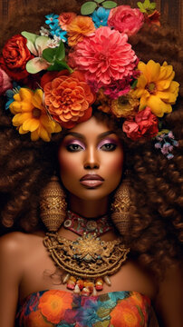 Beautiful black woman among flowers and with a hairstyle of flowers created with generative AI technology