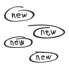 New sticker sign, word new written in freehand font, black isolated on white background, vector illustration.