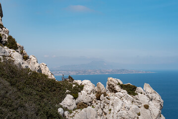 view from the top of the cliff white stone rocks kefalos kos island greece greek landscape postcard