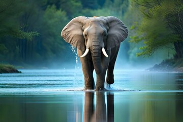 elephant in the river and watching mountain or trees