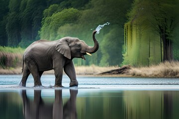 Obraz premium elephant in the river and watching mountain or trees