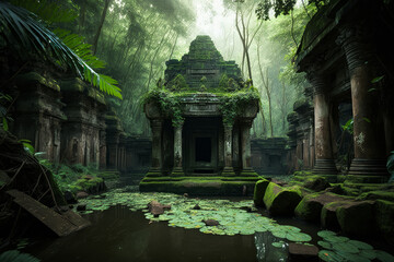Captivating ancient temple amidst lush jungle, adorned with mythical sculptures and entwined vines; serene waterfall cascades into crystal-clear pool, evoking awe and wonder. Generative AI