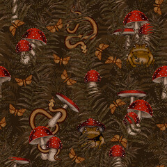 Mushroom toad frog seamless pattern hand drawn Magic forest night moths fly agaric fern leaves snakes Mystical animals pattern for fabric print wallpaper wrapping paper Vintage botanical illustration