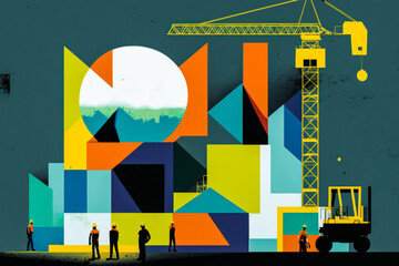 Boldly designed cityscape featuring geometric constructions, a crane hoisting blocks, and workers on scaffolding – a sight full of energy and modernity with striking warm/cool hues. Generative AI