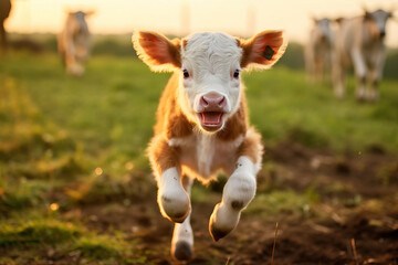 portrait of a calf running and jumping towards the camera - obrazy, fototapety, plakaty