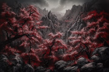 Japanese painting style landscape. Japan traditional culture. illustration created with ai. red and dark style Generative AI