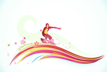 Vector illustration of summer background with a surfer riding a huge abstract wave