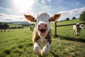 baby calf jumping and smiling