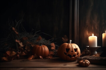 A pumpkin with a candle in the background