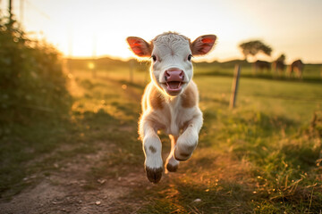 portrait of a baby calf running and jumping at sunset looking at the camera