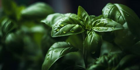 Obraz premium Fresh basil leaves, basil close-up. Horizontal shot. Generative AI