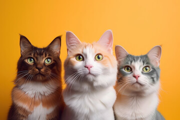 A group of funny multicolored cats looks into the camera. Cats on an orange, mustard yellow bright color background. Funny pets. Copy space. Generative AI