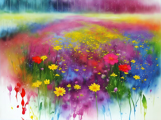 Flower meadow watecolor. AI generated illustration