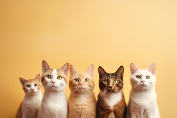 Cats on an yellow background. A group of adorable calm multicolored, different breeds cats looks into the camera. Funny pets. Copy space. Generative AI