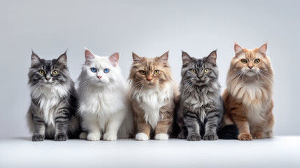 Cats on an grey background. A group of adorable calm fluffy cats different colors looks into the camera. Funny pets. Copy space. Banner. Generative AI