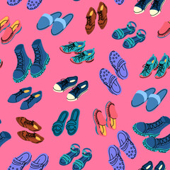 Vector man shoes pattern. Seamless background of different shoe wear types. of flip flops, sneakers, boots, sandals and crocs. Home shoes and moccasins illustration