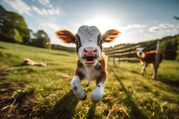 cute calf portrait smiling and jumping on the paddock looking at the camera