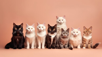A group of funny multicolored, different breeds cats looks into the camera. Cats on an peach-colored beige background. Funny pets. Copy space. Banner. Generative AI