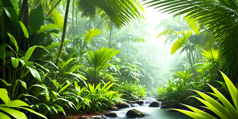 Beautiful wallpaper with a tropical landscape. Jungle with river, palms, trees and other wild evergreen plants. Tropical rainforest illustration. Background with pristine nature. Generative AI