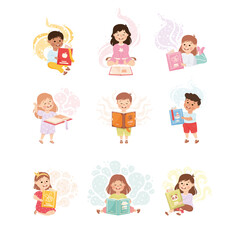 Cute Children Reading Open Books and Dreaming Vector Set