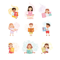 Fototapeta premium Cute Children Reading Open Books and Dreaming Vector Set