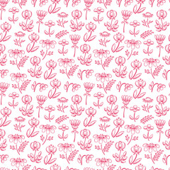 Wildflowers Vector Seamless pattern. Floral background with Hand drawn doodle Wild Flowers.