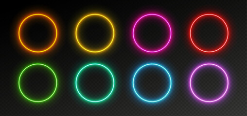 Neon circle frames, glowing round borders set, vibrant glowing rings. Colorful futuristic UI design elements in various colors, modern avatar frames isolated on dark backdrop. Vector illustration. © Likanaris