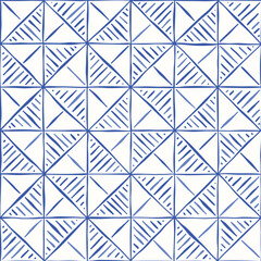 Hand-Drawn Artisanal Wood Block Print Geometric Vector Seamless Pattern. Hans-Stamped Mirrored Triangles Organic Lines Background. Global Nomadic Design. Mini Boho Repeat