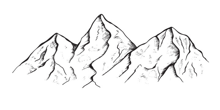 Hand drawn vector landscape with mountains, trees in the mountains. Perfect for banner, poster and sticker design.
