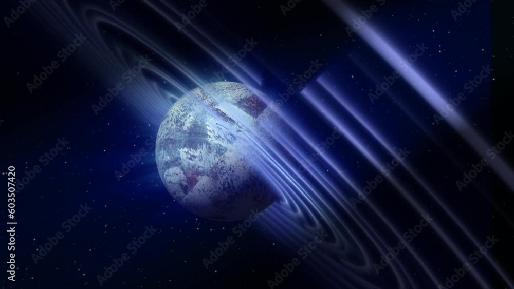 Poster abstract blue space planet with a round asteroid belt ring futuristic hi-tech on the background of s