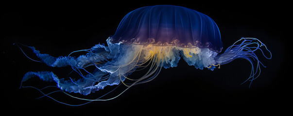Captivating close-up of a delicate jellyfish with translucent body and long tentacles, floating in deep blue water, exuding luminescent colors for an emotional undersea experience. Generative AI