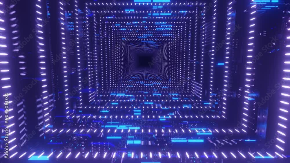 Aufkleber blue hologram. 4k seamless looped animation. fly through mirror tunnel with neon pattern, glow lines