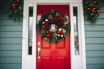 Christmas Wreath on a Red Front Entry Door: AI Generated Image