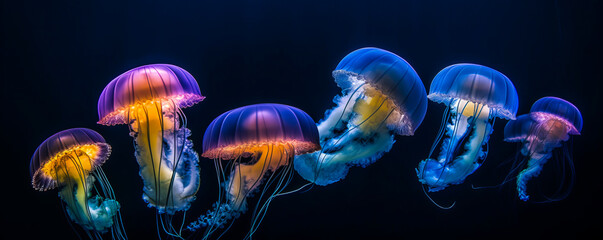 Obraz premium Enthralling picture of vivid jellyfish elegantly swimming in sea, displaying mesmerizing blue hues and stirring emotions with diverse sizes/colors. Generative AI