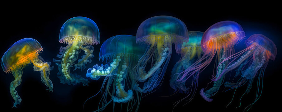 Captivating image of vibrant jellyfish gracefully swimming in ocean depths, showcasing a mesmerizing array of sizes and colors against a soothing blue gradient. Generative AI