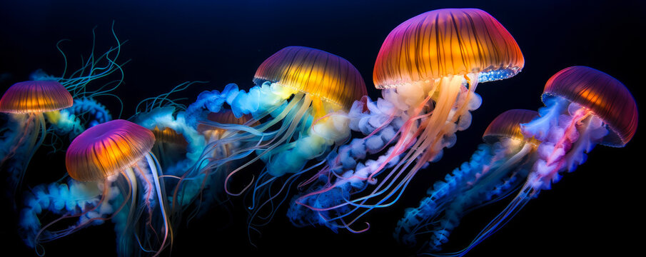 Captivating image of colorful jellyfish gracefully swimming in ocean depths, showcasing various sizes and hues against a mesmerizing blue gradient background. Generative AI