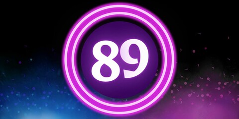 Number 89. Banner with the number eighty nine on a black background and blue and purple details with a circle purple in the middle