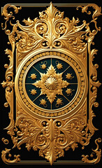 back of the tarot deck card reveals a mesmerizing vintage baroque-style design element. Intricate details and a stunning gold leaf design.  golden shield or badge, Generative AI