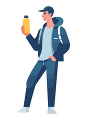 One person walking with backpack, holding drink