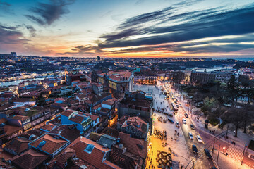 Obraz premium Aerial evening view from viewing terrace of Clerigos Tower, Porto city in Portugal