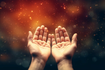 Human hands open palm up worship with faith in religion and belief in God on blessing background