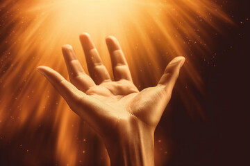 Human hands open palm up worship with faith in religion and belief in God on blessing background