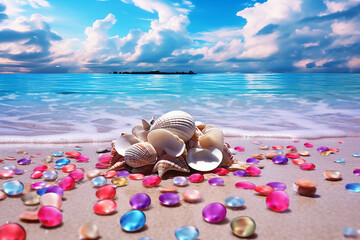 Fototapeta na wymiar Love shimmers on the white beach with transparent and colorful candy colored crystal stones
